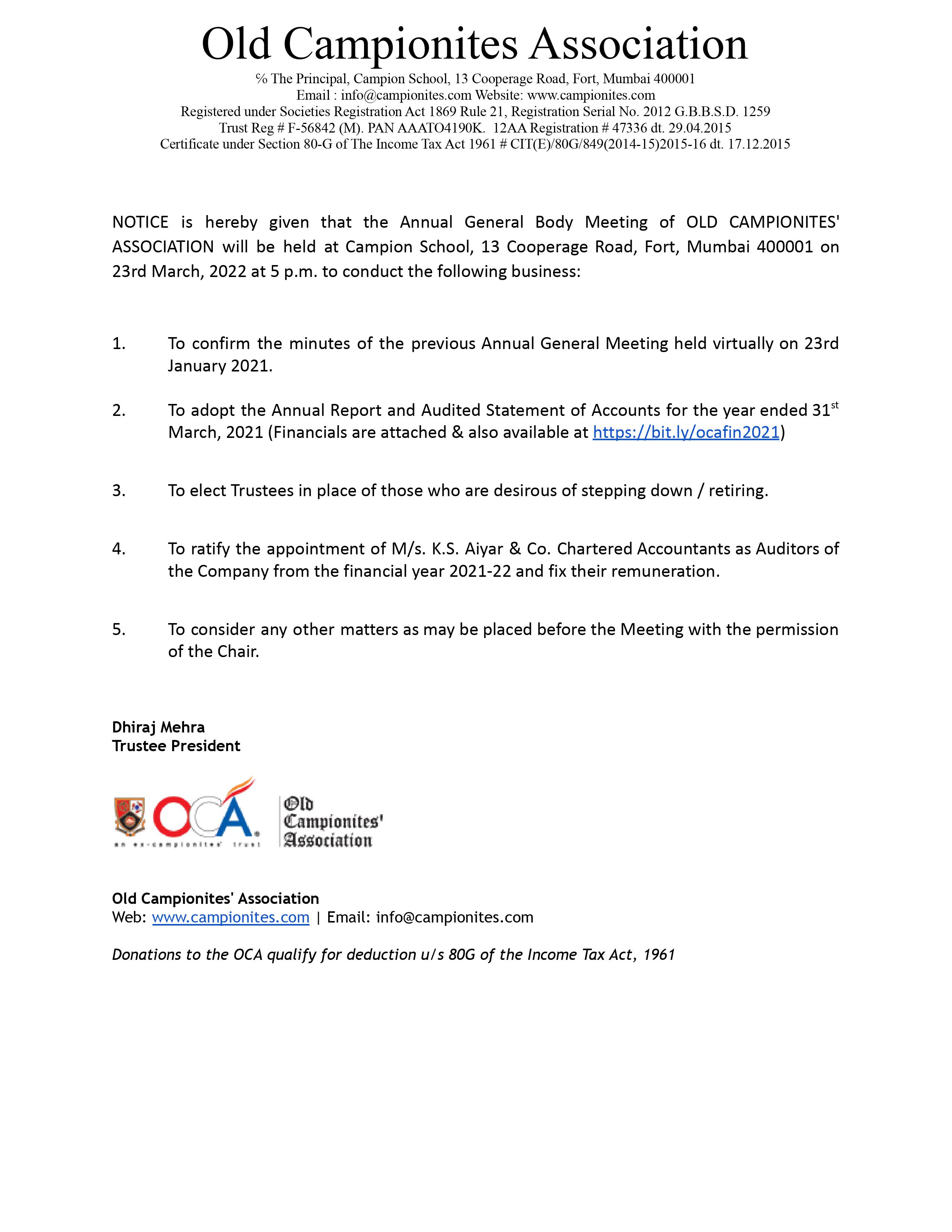 Notice for Annual General Meeting