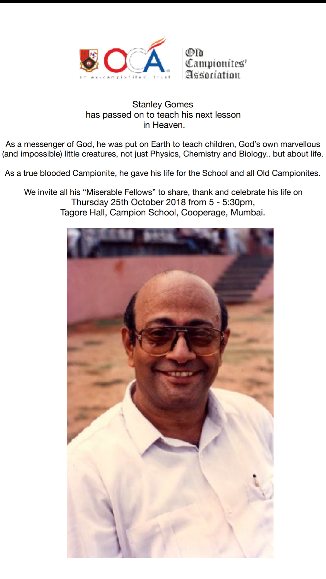 Prayer Meeting for Mr Stanley Gomes